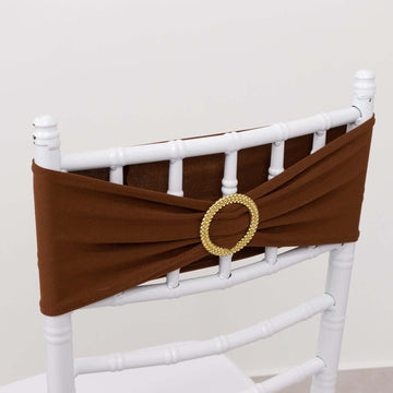 5 Pack Cinnamon Brown Spandex Chair Sashes with Gold Diamond Buckles, Elegant Stretch Chair Bands and Slide On Brooch Set - 5"x14"