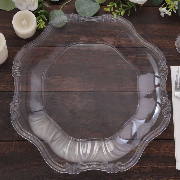 6 Pack 13" Clear Baroque Scalloped Acrylic Plastic Charger Plates, Hexagon Charger Plates