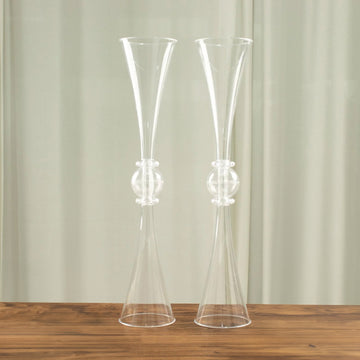 2 Pack 27" Clear Crystal Embellishment Trumpet Flower Vase, Reversible Plastic Table Centerpiece