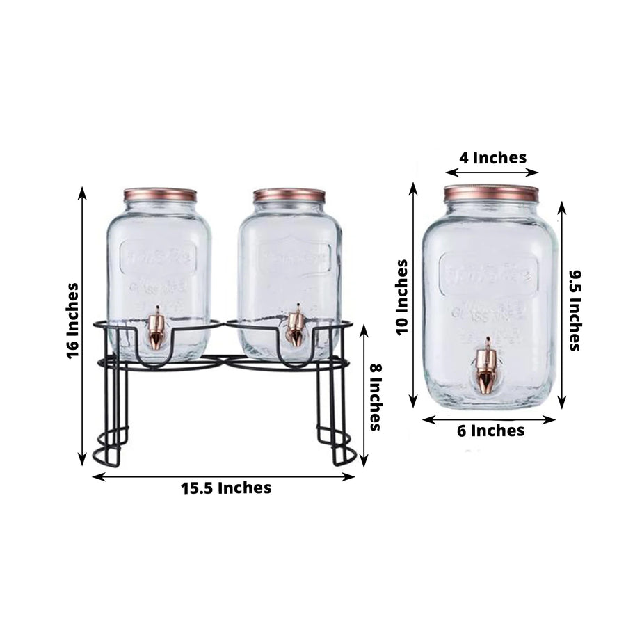 2 Pack | Dual Gallon Glass Beverage Dispenser Stand, Metal Lids & Spigot Included