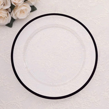 10 Pack Clear Economy Plastic Charger Plates With Black Rim, 12" Round Dinner Chargers Event Tabletop Decor