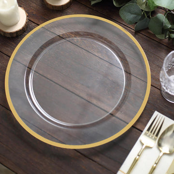10 Pack Clear Economy Plastic Charger Plates With Gold Rim, 12" Round Dinner Chargers Event Tabletop Decor