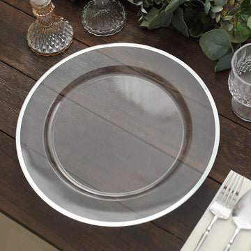 10 Pack Clear Economy Plastic Charger Plates With Silver Rim, 12" Round Dinner Chargers Event Tabletop Decor