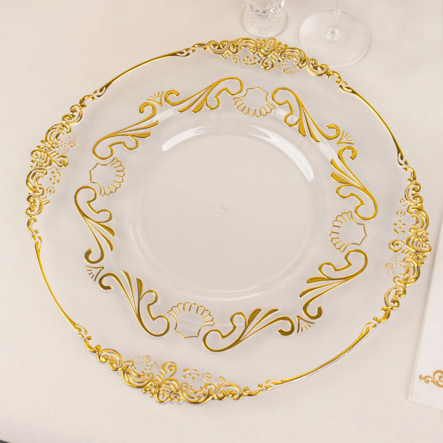 10 Pack Clear Gold European Style Disposable Dinner Plates With Scalloped Rim, Vintage Baroque Plastic Party Plates - 10"