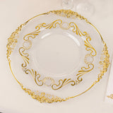 10 Pack Clear Gold European Style Disposable Dinner Plates With Scalloped Rim, Vintage Baroque Plastic Party Plates - 10"