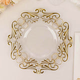 10 Pack Clear Gold European Style Disposable Salad Plates With Scalloped Rim, Vintage Baroque