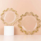 10 Pack Clear Gold European Style Disposable Salad Plates With Scalloped Rim, Vintage Baroque