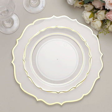 10 Pack 8" Clear Plastic Dessert Salad Plates, Disposable Tableware Round With Gold Scalloped Rim