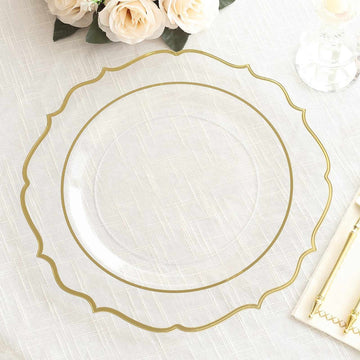 10 Pack 10" Clear Plastic Dinner Plates Disposable Tableware Round With Gold Scalloped Rim