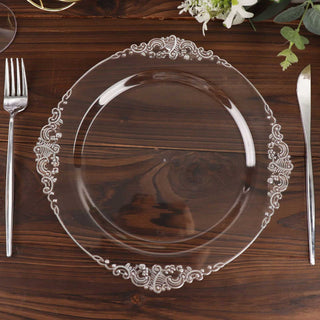 10 Pack 10" Clear Plastic Party Plates With Silver Leaf Embossed Baroque Rim