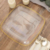 10 Pack | 10inch Clear with Gold Rim Square Plastic Lunch Party Plates, Disposable Dinner Plates