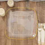 10 Pack | 10inch Clear with Gold Rim Square Plastic Lunch Party Plates, Disposable Dinner Plates