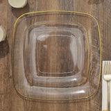 10 Pack | 7inch Clear with Gold Rim Square Plastic Salad Party Plates, Dessert Appetizer Plates