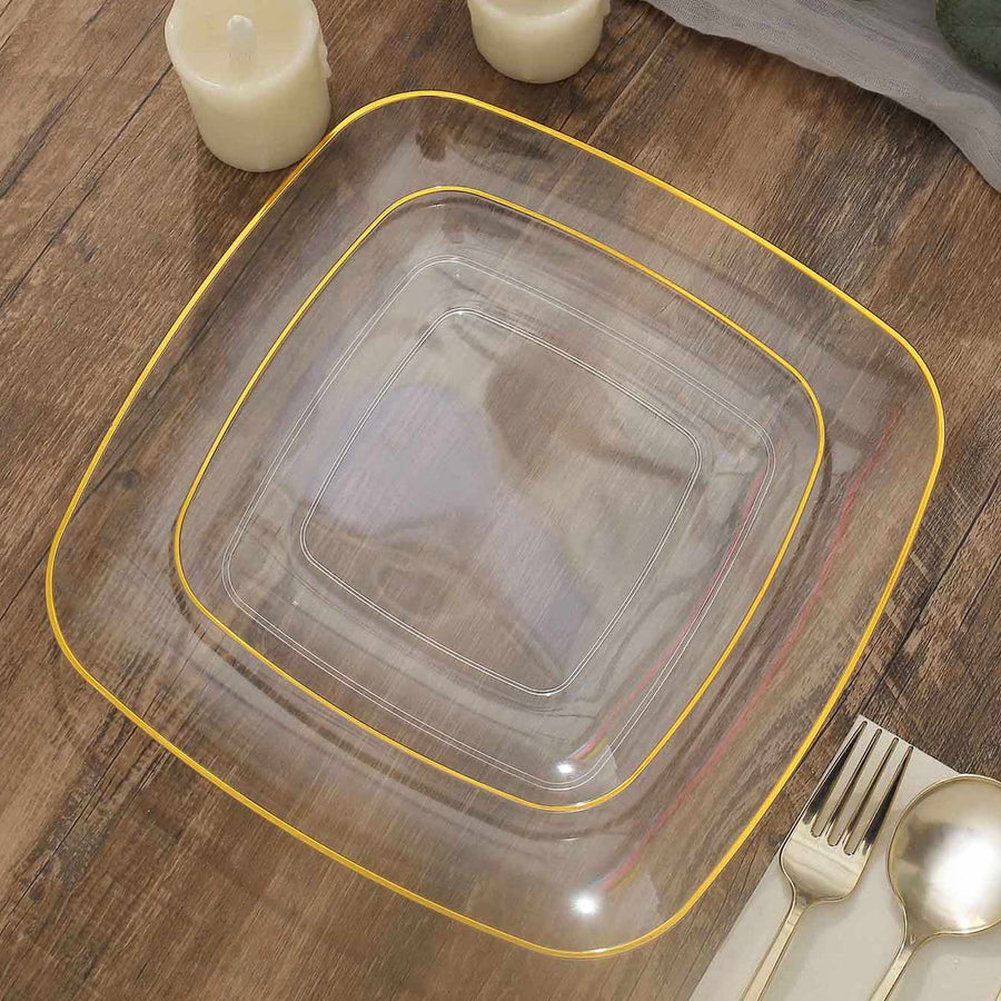 10 Pack | 7inch Clear with Gold Rim Square Plastic Salad Party Plates, Dessert Appetizer Plates