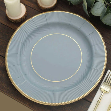 25 Pack 13" Dusty Blue Gold Rim Sunray Disposable Charger Plates, Heavy Duty Paper Serving Plates - 350 GSM