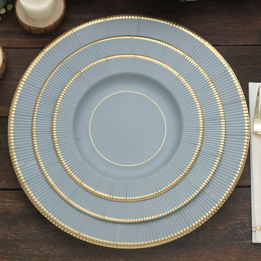 25 Pack | 8inch Dusty Blue Gold Rim Sunray Disposable Dessert Plates