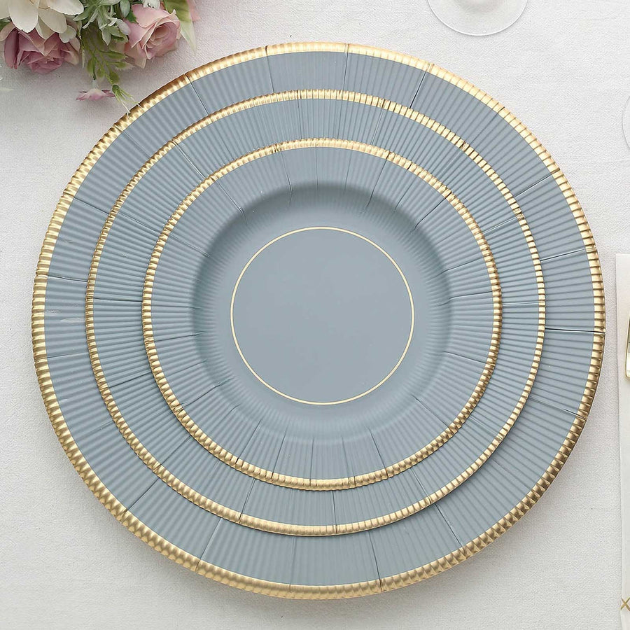 25 Pack | 8inch Dusty Blue Gold Rim Sunray Disposable Dessert Plates