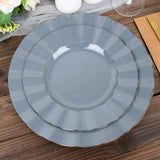 10 Pack | 9inch Dusty Blue Heavy Duty Disposable Dinner Plates with Gold Ruffled Rim, Hard Plastic