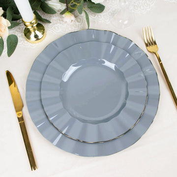 10 Pack 9" Dusty Blue Heavy Duty Disposable Dinner Plates with Gold Ruffled Rim, Hard Plastic Dinnerware