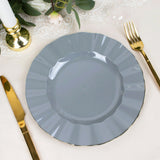 10 Pack | 9inch Dusty Blue Heavy Duty Disposable Dinner Plates with Gold Ruffled Rim, Hard Plastic