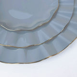 10 Pack | 9inch Dusty Blue Heavy Duty Disposable Dinner Plates with Gold Ruffled Rim, Hard Plastic