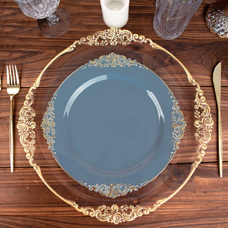 Elegant Dusty Blue Plastic Party Plates with Gold Leaf Embossed Baroque Rim