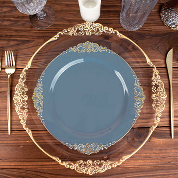 10 Pack 10" Dusty Blue Plastic Party Plates With Gold Leaf Embossed Baroque Rim, Round Disposable Dinner Plates
