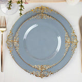 Dusty Blue Gold Leaf Embossed Baroque Plastic Salad Dessert Plates Disposable Round Appetizer