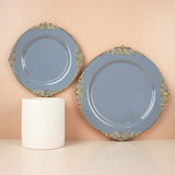 Dusty Blue Gold Leaf Embossed Baroque Plastic Salad Dessert Plates Disposable Round Appetizer