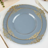 Dusty Blue Gold Leaf Embossed Baroque Plastic Salad Dessert Plates Disposable Round Appetizer