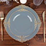 Dusty Blue Gold Leaf Embossed Baroque Plastic Salad Dessert Plates Disposable Round Appetizer