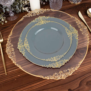 Elegant Dusty Blue Plastic Salad Plates with Gold Leaf Embossed Baroque Rim