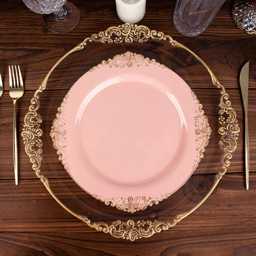 10 Pack | 10inch Dusty Rose Gold Leaf Embossed Baroque Plastic Dinner Plates