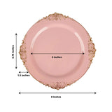 10 Pack 8inch Dusty Rose Plastic Salad Plates With Gold Leaf Embossed Baroque Rim, Round Disposable