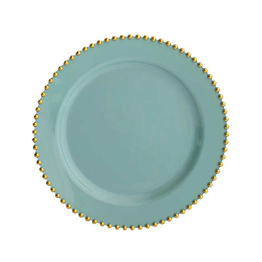 10 Pack Dusty Sage Disposale Party Plates with Gold Beaded Rim, Round Plastic Dinner Plates#whtbkgd