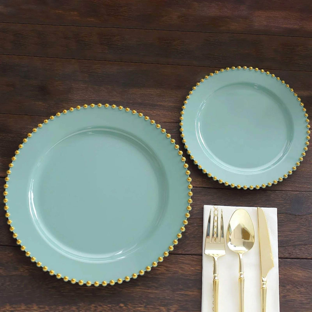 10 Pack Dusty Sage Green Disposable Party Plates with Gold Beaded Rim,