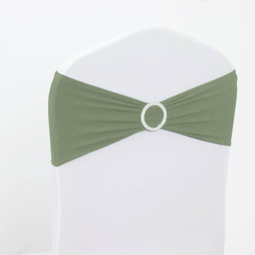 5 Pack Dusty Sage Green Spandex Stretch Chair Sashes with Silver Diamond Ring Slide Buckle | 5"x14"