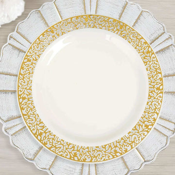 10 Pack 10" Elegant Gold Lace Rim Ivory Disposable Dinner Plates, Fancy Plastic Party Plates