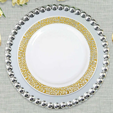 10 Pack 10" Elegant Gold Lace Rim White Disposable Dinner Plates, Fancy Plastic Party Plates