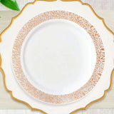 10 Pack | 10inch Elegant Rose Gold Lace Rim White Disposable Dinner Plates, Plastic Party Plates