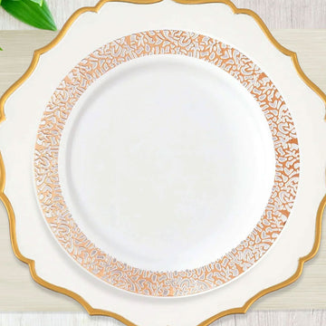 10 Pack 10" Elegant Rose Gold Lace Rim White Disposable Dinner Plates, Fancy Plastic Party Plates