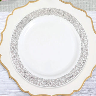 Elegant Silver Lace Rim White Disposable Dinner Plates