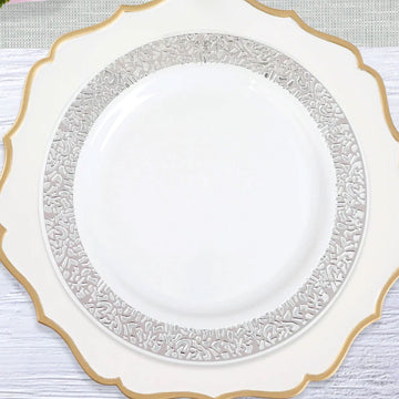 10 Pack 10" Elegant Silver Lace Rim White Disposable Dinner Plates, Fancy Plastic Party Plates