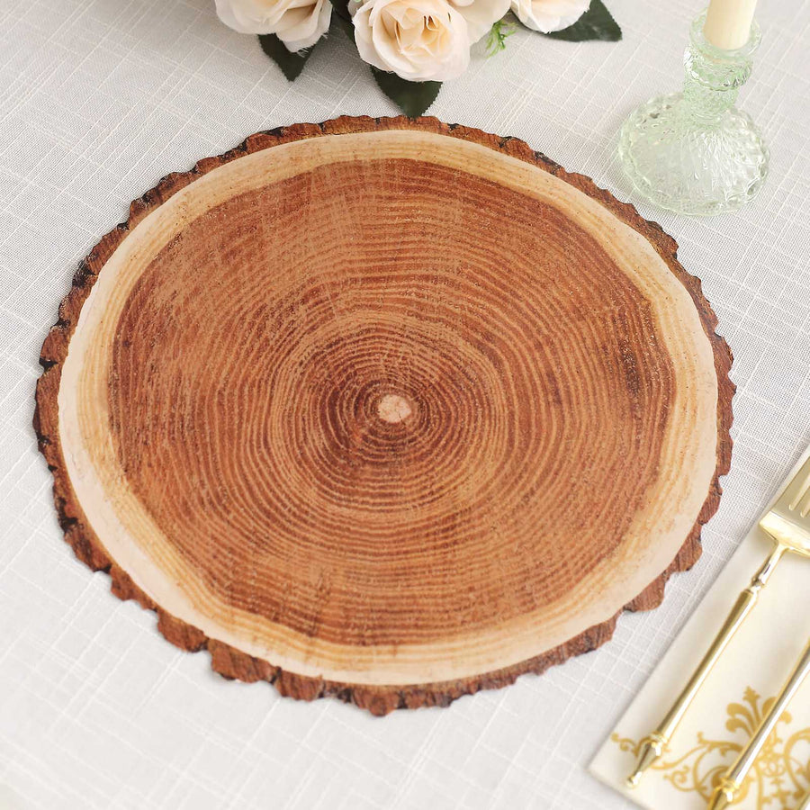 6 Pack Farmhouse Natural Wood Slice Print Disposable Dining Table Mats 13inch Round Cardstock Paper