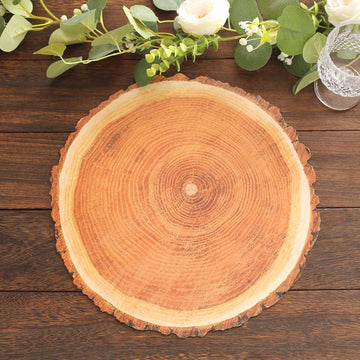 6 Pack Farmhouse Natural Wood Slice Print Disposable Dining Table Mats, 13" Round Cardstock Paper Placemats - 700 GSM