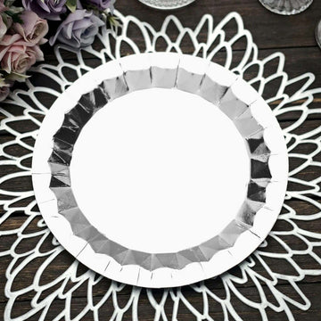 25 Pack 9" Geometric Metallic Silver Foil Dinner Paper Plates, Disposable Party Plates - 400 GSM