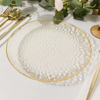 Durable and Stylish Event Decor with Glitter Gold Clear Hammered Disposable Charger Plates
