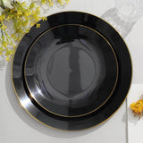 10 Pack | 8inch Glossy Black Round Plastic Salad Plates With Gold Rim