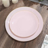 10 Pack 8" Glossy Blush Round Plastic Salad Plates With Gold Rim, Disposable Appetizer Dessert Party Plates