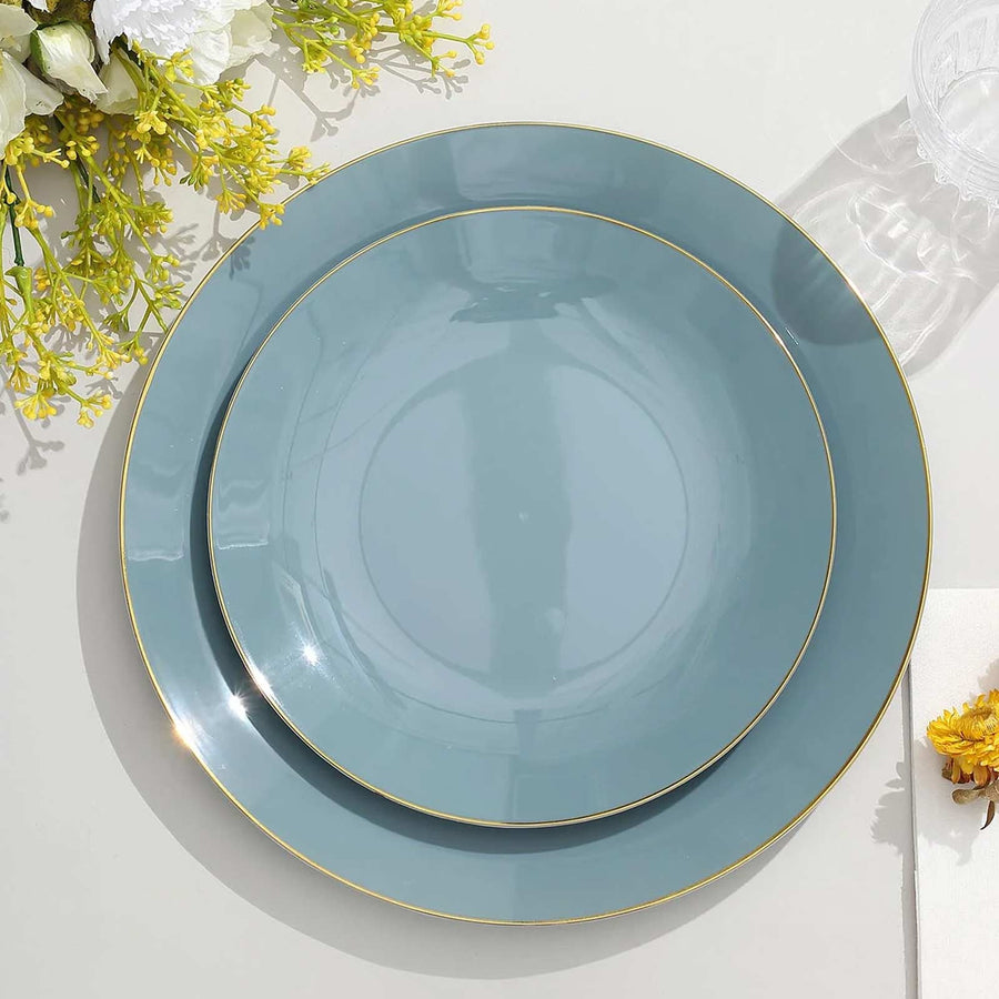 10 Pack 8" Glossy Dusty Blue Round Plastic Salad Plates With Gold Rim, Disposable Appetizer Dessert Party Plates